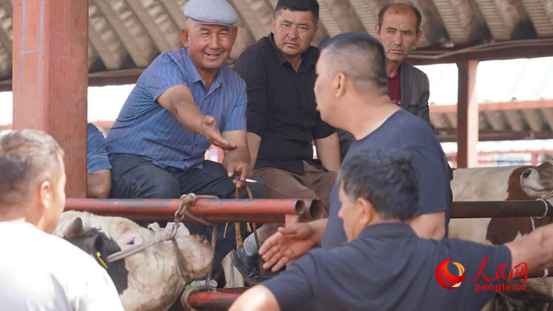 在黃公巴扎的活畜交易區(qū)雙方正在交談。人民網(wǎng) 李龍攝